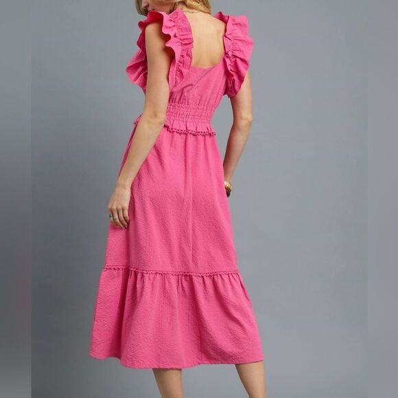 Umgee V-Neck Ruffled Cap Sleeve Midi Dress Pink Ruffle Midi Dress sz Large - Picture 4 of 7